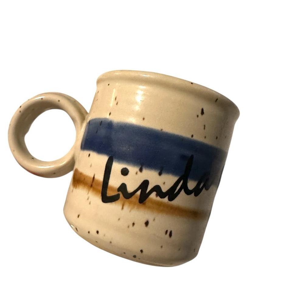 Clay In Mind Handmade Studio Art Pottery Mug Blue & Beige "Linda" Personalized - Picture 2 of 7